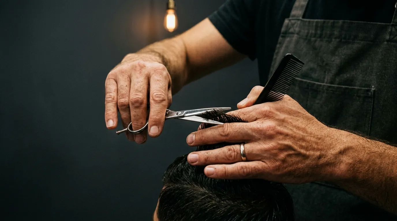 Barber's hands holding a comb and scissors, close crop in warm tungsten light