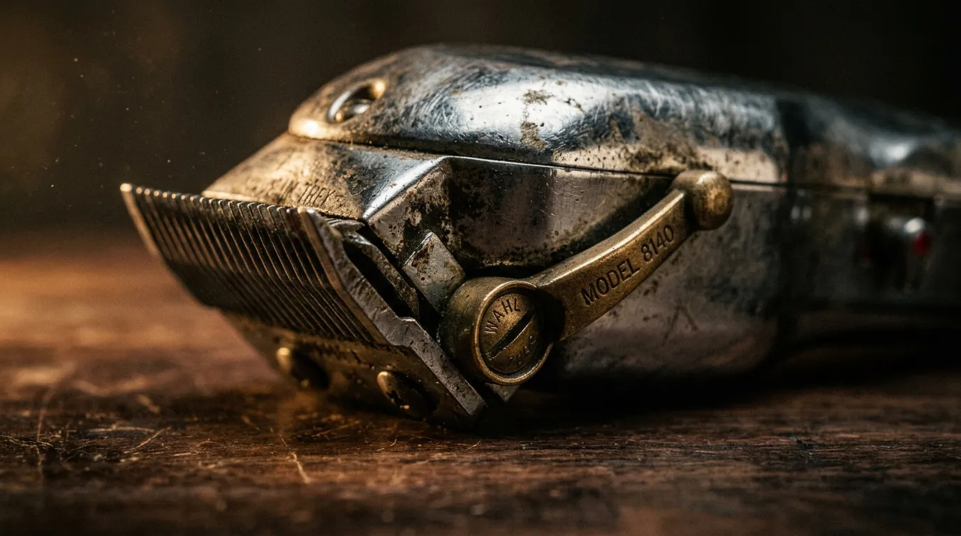 Vintage chrome hair clippers on a dark walnut counter