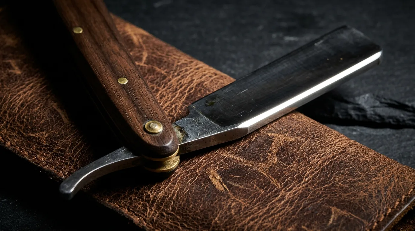 Straight razor resting on brown leather, blade edge catching hard light