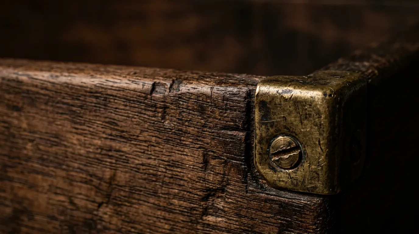 Worn dark walnut grain with a brass fitting at the edge