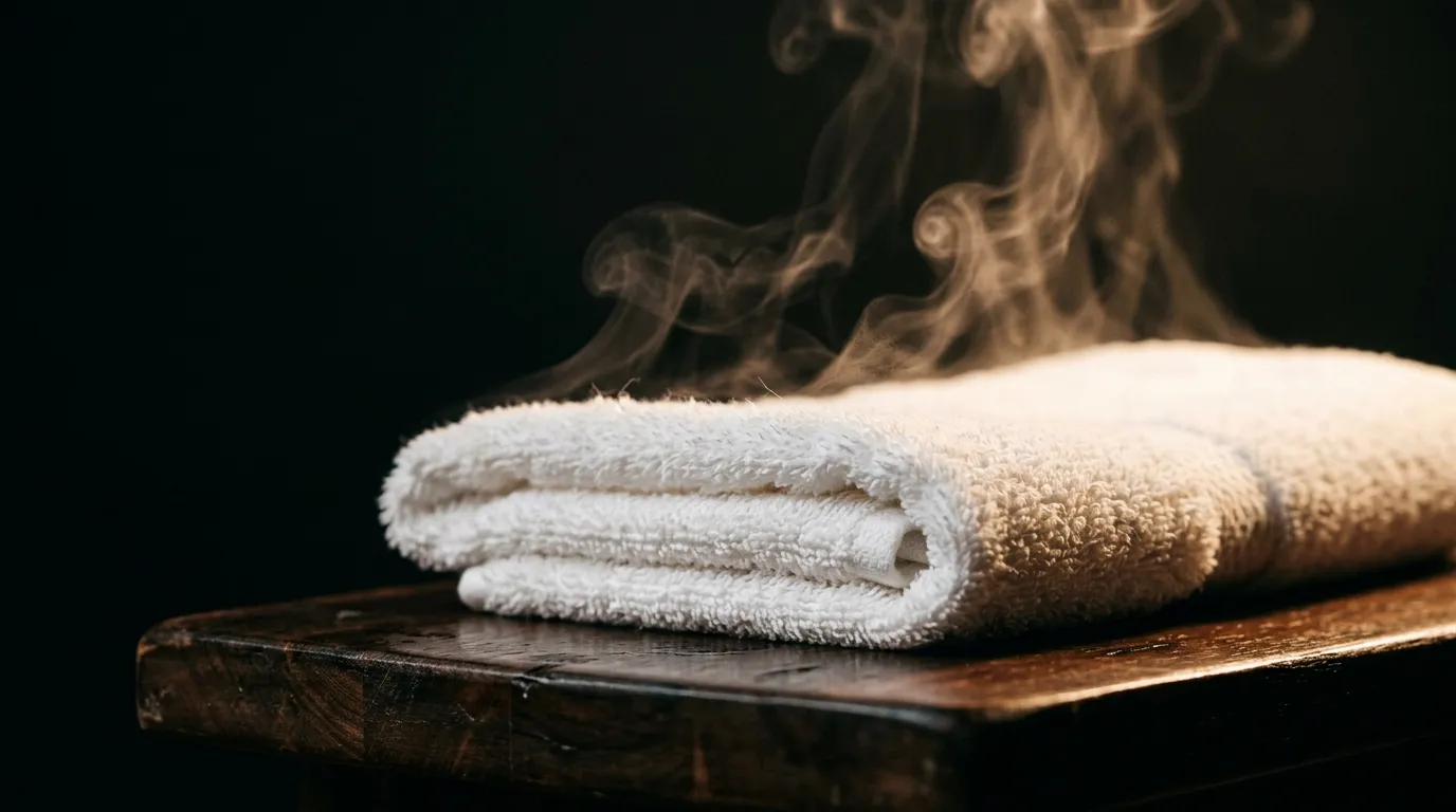 Folded white towel steaming on dark wood