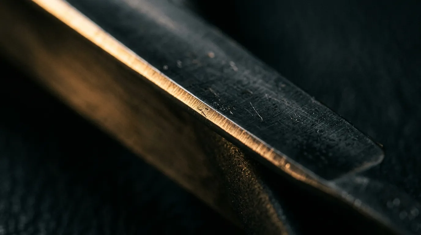 Straight razor blade edge catching raking brass light
